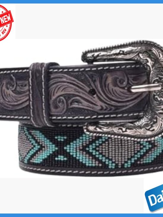 Genuine Leather Beaded Western Heavy Duty Belt, Custom  Full Grain Leather Western Belt with Beaded Embroidery Adjustable Buckle